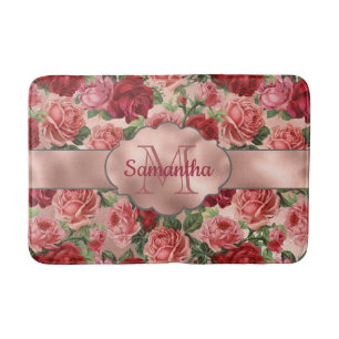 Elegant  Floral Pink Rose Gold Monogramed  Badmat