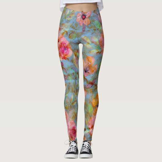 Elegant Floral Pink Rose Pattern Leggings (Voorkant)