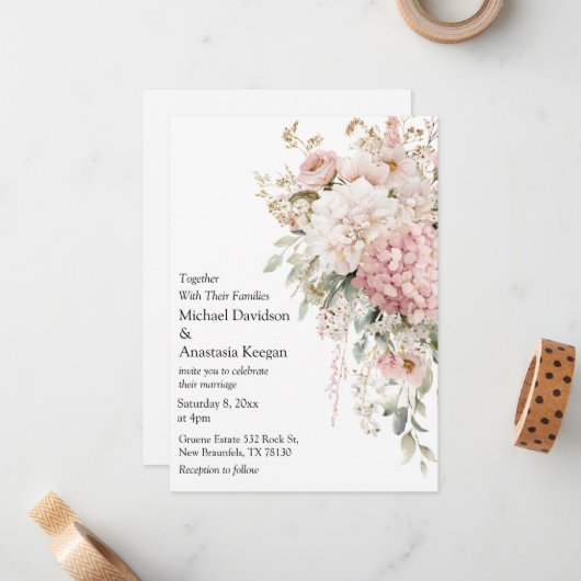 Elegant Floral Pink script Wedding Invitation (Devant/Arrière en situation)