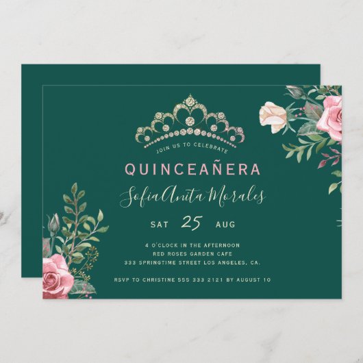 Elegant floral prinses tiara green Quinceanera Kaart (Voorkant / Achterkant)