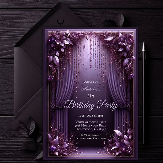 Elégant Floral Purple Invitation de fête d'anniver
