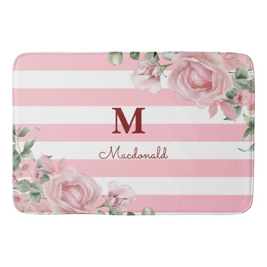 Elegant Floral Rose Striped Monogram Badmat (Voorkant)