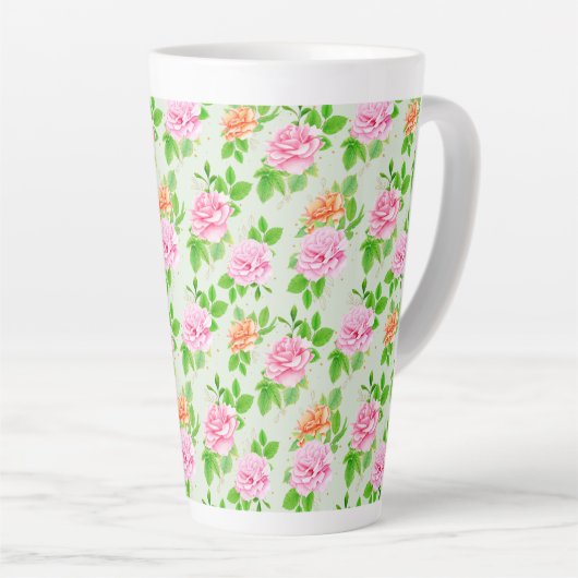 Elegant Floral Roses Green Leaves Pattern-23675 Latte Mok (Rechterhoek)