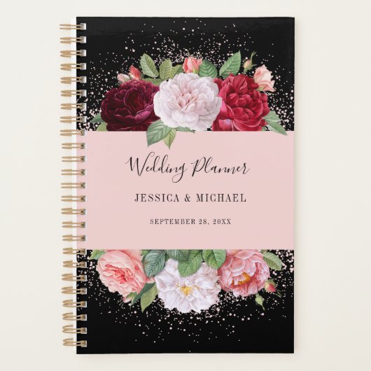 Elegant Floral Rozen Black Pink Wedding Planner (Voorkant)