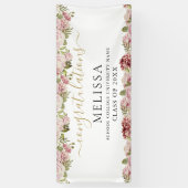 Elegant Floral Rozen Gold Script Afstuderen Spandoek (Verticaal)