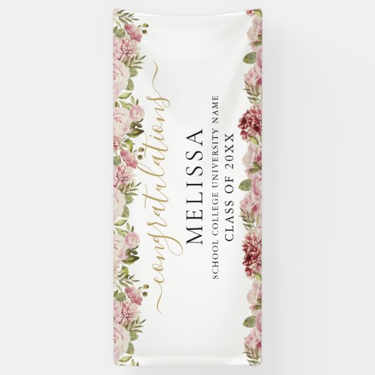 Elegant Floral Rozen Gold Script Afstuderen Spandoek (Verticaal)