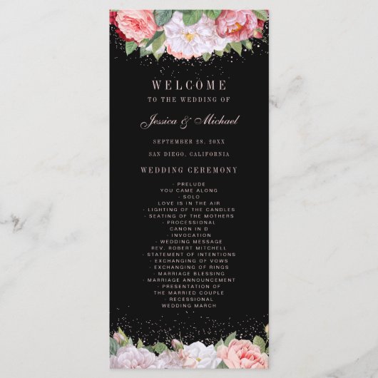 Elegant Floral Rozen Pink Black Wedding Programma (Voorkant)