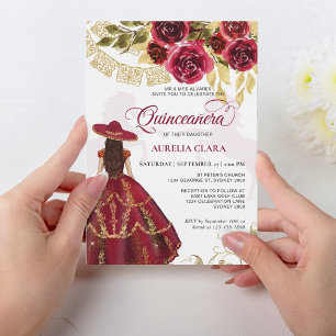 Elegant Floral Ruby Red Horse Quinceañera Kaart