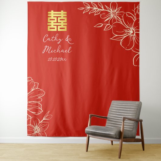 Elegant floral script Chinese bruiloft red backdro Wandkleed (In situ)