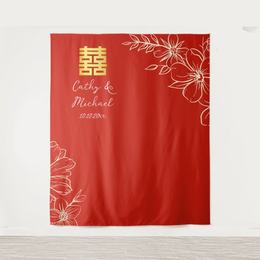 Elegant floral script Chinese bruiloft red backdro Wandkleed (Voorkant)