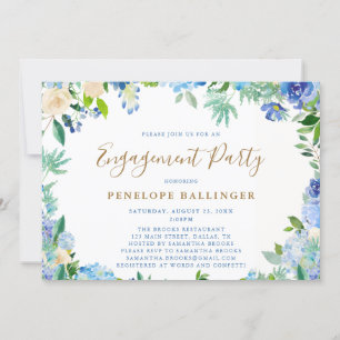 Elegant Floral Script Dusty Blue Engagement Party Kaart