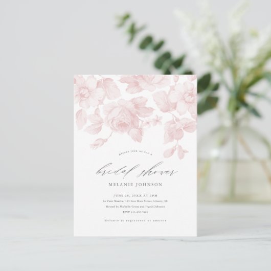 Elegant Floral Script Roze Vrijgezellenfeest Uitnodiging Briefkaart (Staand voorkant)