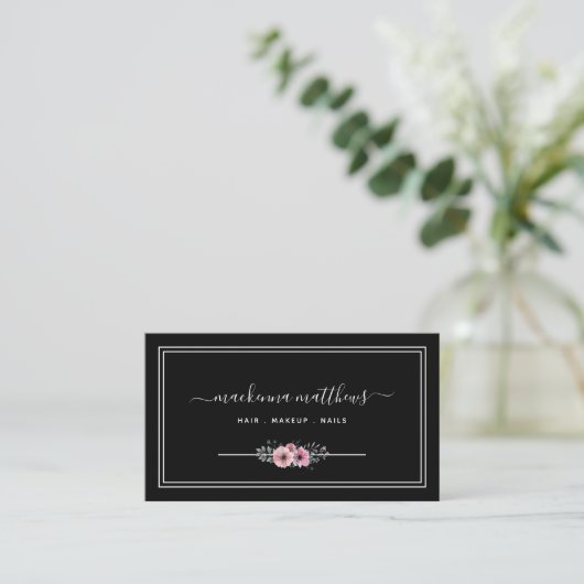 Elegant Floral Signature Script Haarstylist Salon Visitekaartje (Staand voorkant)