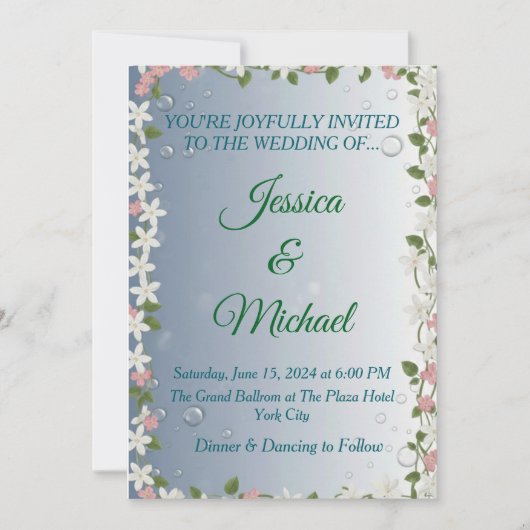 Elegant Floral Silver & Blue Wedding Invitation Kaart (Voorkant)