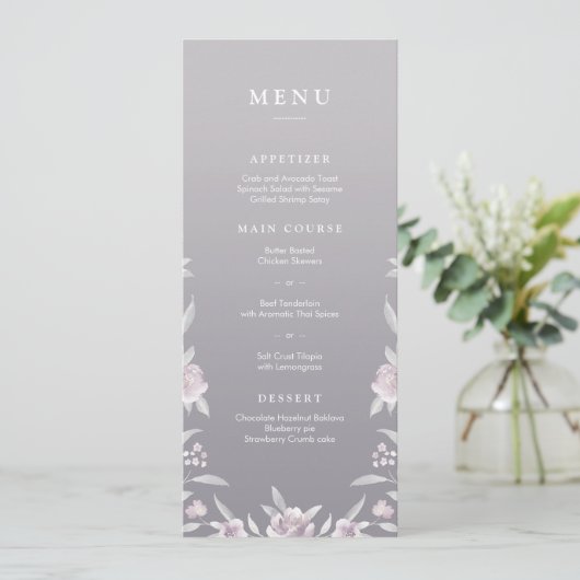 Elegant floral Silver Chinoiserie trouwmenu Menu (Staand voorkant)