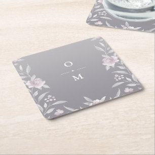 Elegant floral Silver Chinoiserie Wedding monogram Vierkante Kartonnen Onderzetter