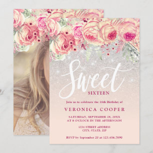 Elegant floral Silver-gliter, zoet zestien Kaart