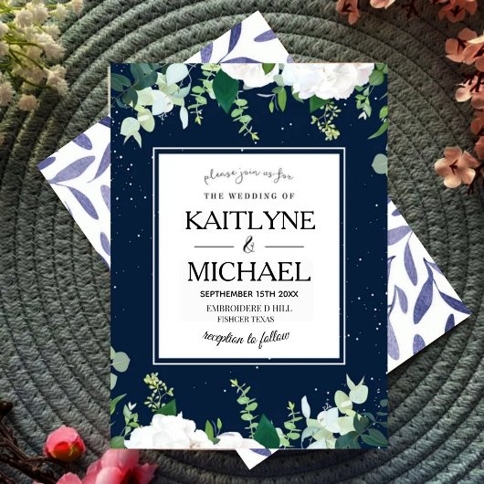 Elegant Floral Square Botanical Navy Wedding 