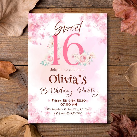 Élégant Floral Sweet 16e anniversaire Invitation