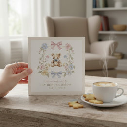 Elegant Floral Teddy  pastel  baby shower QR code Kaart