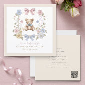 Elegant Floral Teddy pastel baby shower QR code Kaart