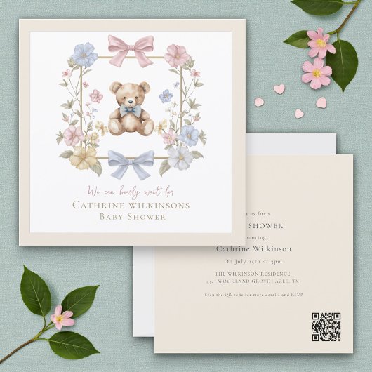 Elegant Floral Teddy pastel baby shower QR code Kaart