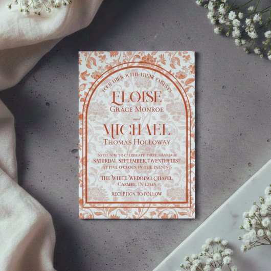 Elegant Floral Toile Script Terracotta Red Wedding Kaart