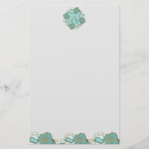 Elegant Floral Turquoise gold monogram A Briefpapier