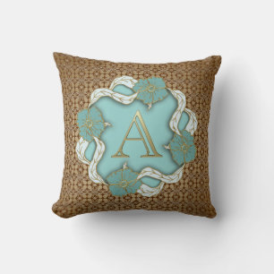 Elegant Floral Turquoise gold monogram A Kussen
