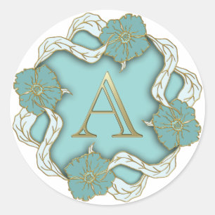 Elegant Floral Turquoise gold monogram A Ronde Sticker