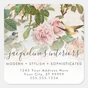 Elegant Floral  Vogelroze rozen Vierkante Sticker