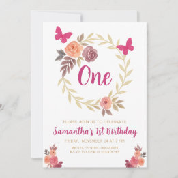 Elegant Floral Watercolor 1st Birthday Kaart