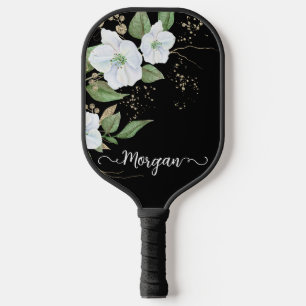 Elegant Floral Waterverf Black Gold Script Name Pickleball Paddle