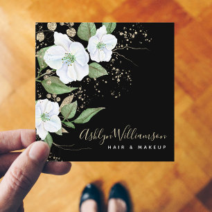 Elegant Floral Waterverf Black Modern Gold Script Vierkante Visitekaartje
