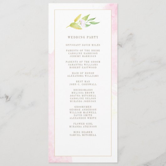 Elegant Floral Waterverf Botanische roze bruiloft Programma (Achterkant)
