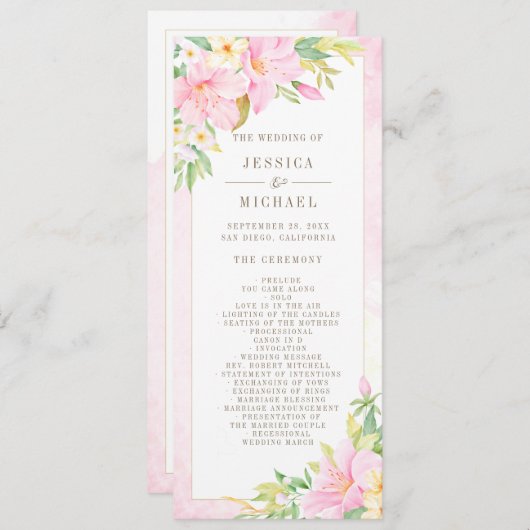 Elegant Floral Waterverf Botanische roze bruiloft Programma (Voorkant / Achterkant)