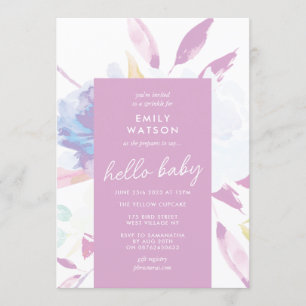 Elegant Floral Waterverf Paars Hallo Baby shower Kaart