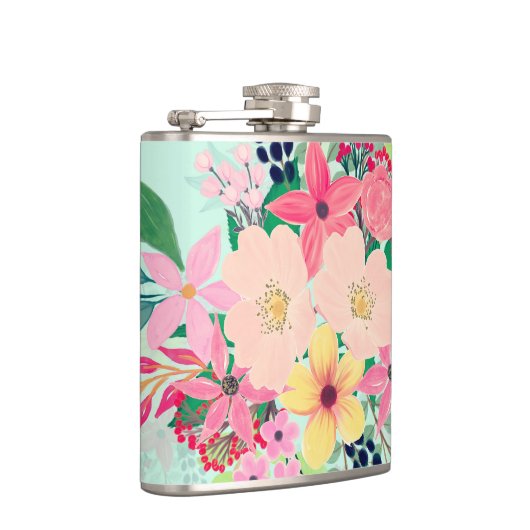 Elegant Floral Waterverf Paint Mint Girly Design Heupfles (Rechts)