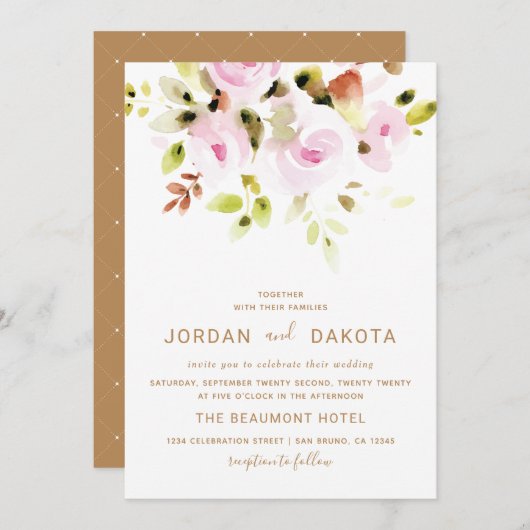 Elegant Floral Waterverf Wedding Invitation Kaart (Voorkant / Achterkant)