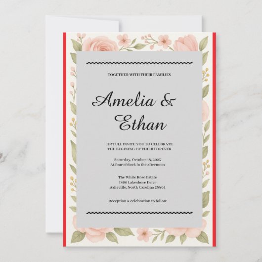 Elegant Floral Waterverf Wedding Invitation Kaart (Voorkant)
