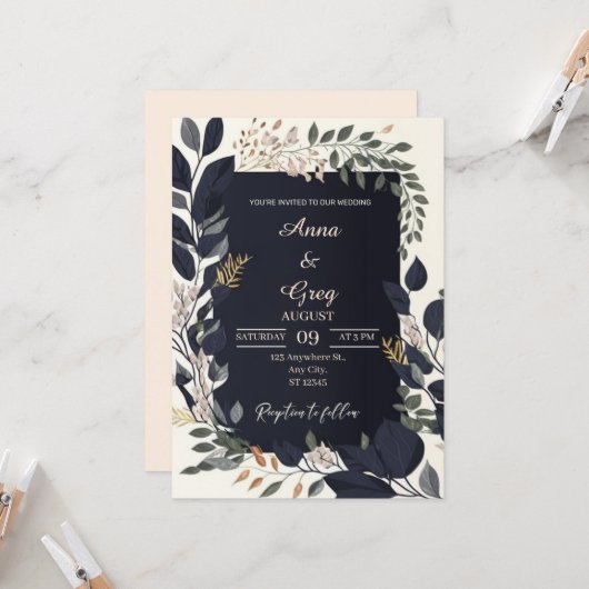 Elegant Floral Wedding Invitation Kaart (Voorkant / Achterkant in situ)