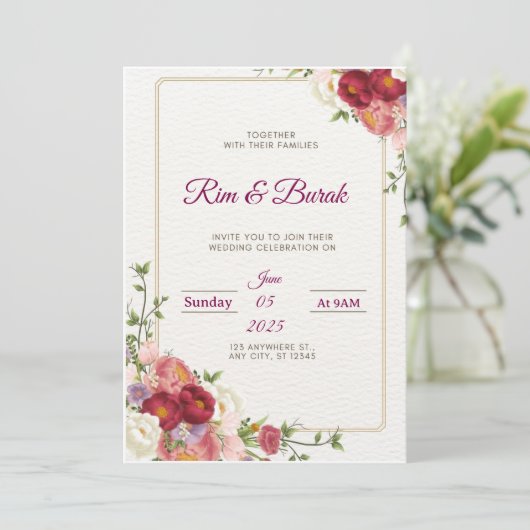 Elegant Floral Wedding Invitation Kaart (Staand voorkant)