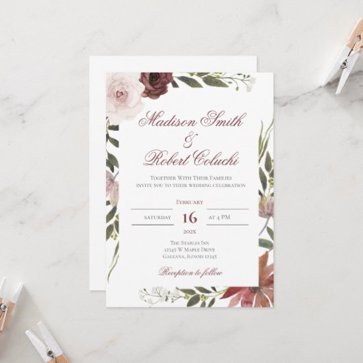 Elegant Floral Wedding Invitation Kaart (Voorkant / Achterkant in situ)