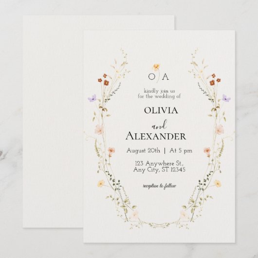 Elegant Floral Wedding Invitation Kaart (Voorkant / Achterkant)