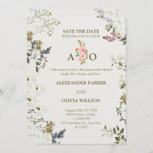 Elegant Floral Wedding Invitation – Modern CARD (Devant / Derrière)