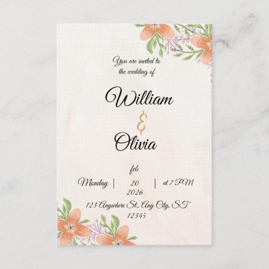 Elegant Floral Wedding Invitation | Peach & Green  (Devant)