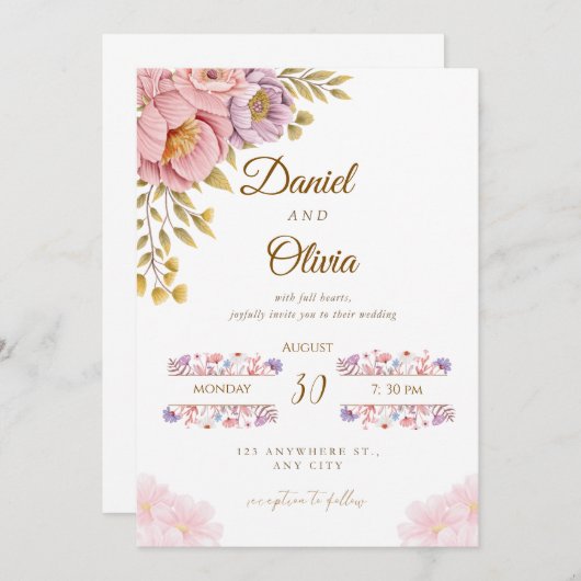 Elegant Floral Wedding Invitation | Romantic Pink (Devant / Derrière)