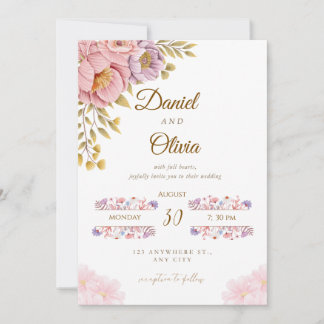 Elegant Floral Wedding Invitation | Romantic Pink Kaart