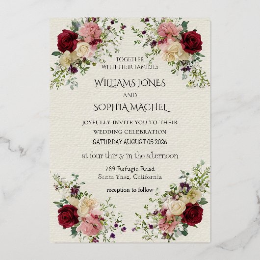 Elegant Floral Wedding Invitation & Timeline Card  (Recto)
