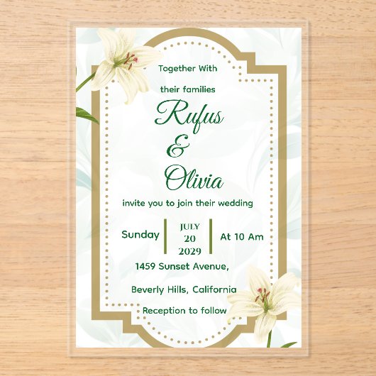 Elegant Floral Wedding Invitation with Gold Frame  (Recto)